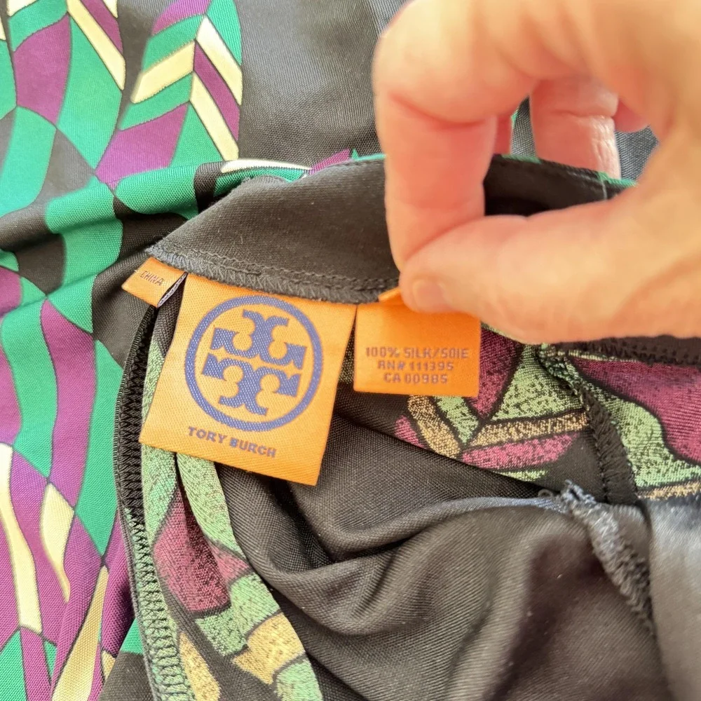 Tory Burch 100% Silk Dress Womens M Black Teal Geometric Aztec Resort Career